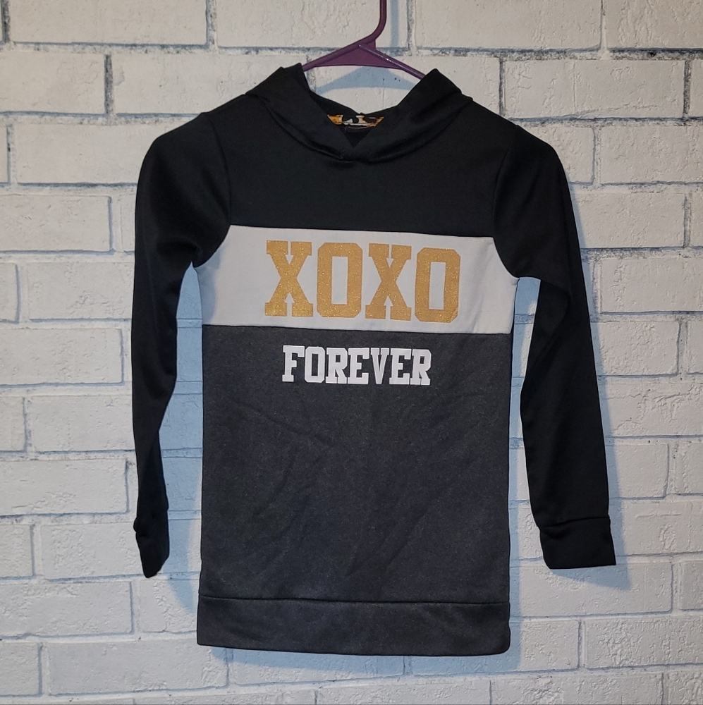 XOXO SPORT Girls' Black, Gray, and White "XOXO FOREVER" Hooded Shirt  S (7/8)